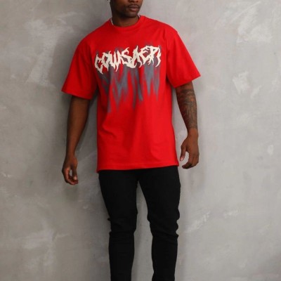 Erkek Baskılı T-Shirt Kısa Kol Bisiklet Yaka Rahat Kalıp Tişört - Kırmızı