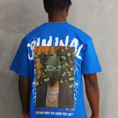 Erkek Baskılı T-Shirt Kısa Kol Bisiklet Yaka Rahat Kalıp Tişört  - Mavi