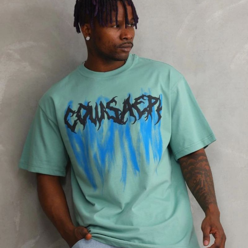 Erkek Baskılı T-Shirt Kısa Kol Bisiklet Yaka Rahat Kalıp Tişört - Mint Yeşili