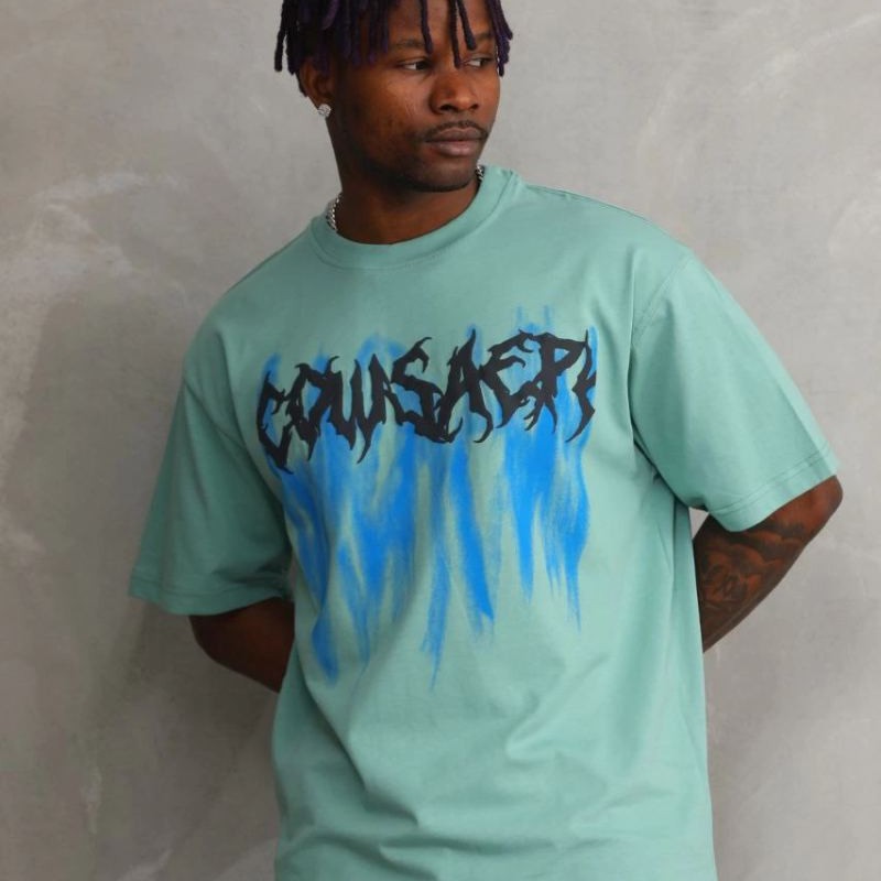 Erkek Baskılı T-Shirt Kısa Kol Bisiklet Yaka Rahat Kalıp Tişört - Mint Yeşili