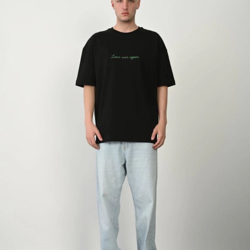 Erkek Baskılı T-Shirt Kısa Kol Bisiklet Yaka Rahat Kalıp Tişört  - Siyah