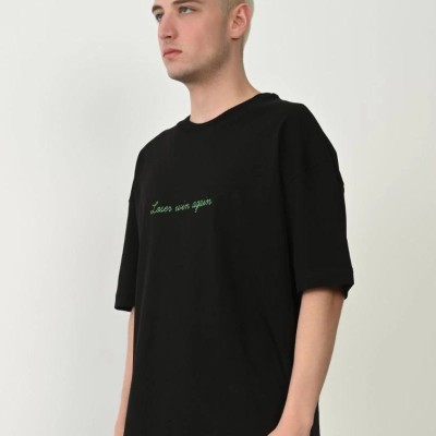 Erkek Baskılı T-Shirt Kısa Kol Bisiklet Yaka Rahat Kalıp Tişört  - Siyah