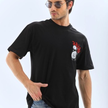Erkek Baskılı T-Shirt Kısa Kol Bisiklet Yaka Rahat Kalıp Tişört  - Siyah