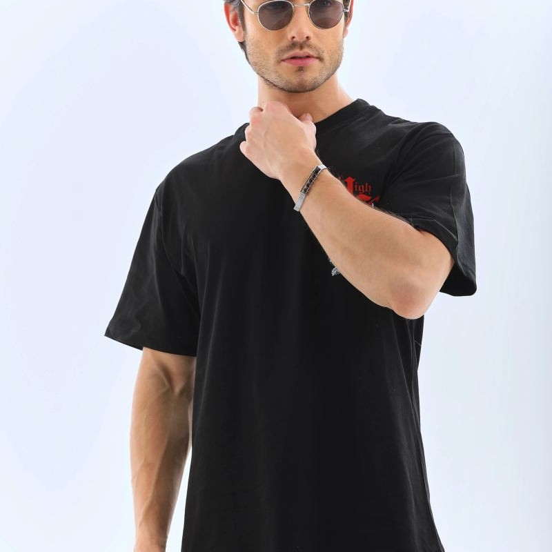 Erkek Baskılı T-Shirt Kısa Kol Bisiklet Yaka Rahat Kalıp Tişört  - Siyah