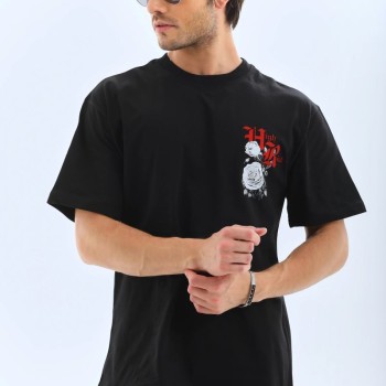 Erkek Baskılı T-Shirt Kısa Kol Bisiklet Yaka Rahat Kalıp Tişört  - Siyah