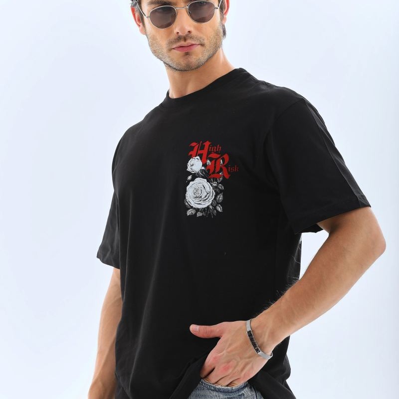 Erkek Baskılı T-Shirt Kısa Kol Bisiklet Yaka Rahat Kalıp Tişört  - Siyah