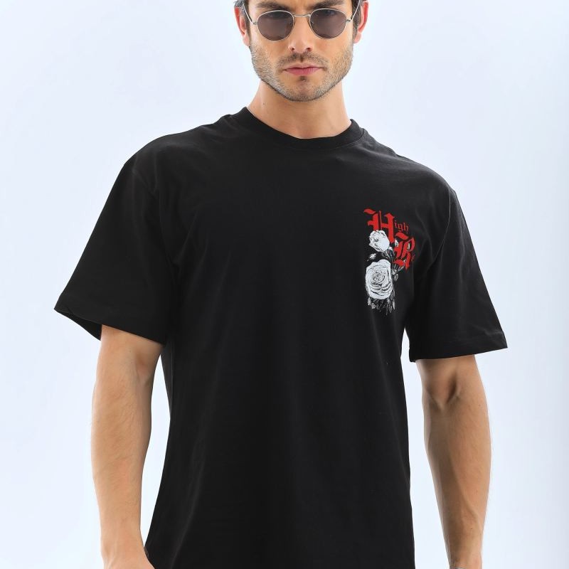 Erkek Baskılı T-Shirt Kısa Kol Bisiklet Yaka Rahat Kalıp Tişört  - Siyah