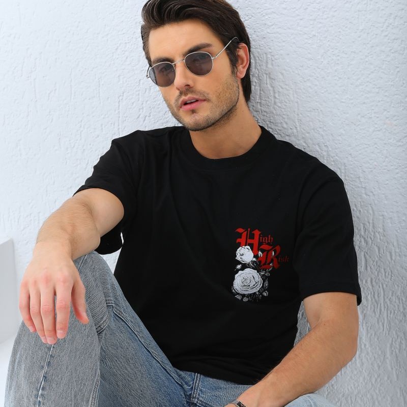 Erkek Baskılı T-Shirt Kısa Kol Bisiklet Yaka Rahat Kalıp Tişört  - Siyah