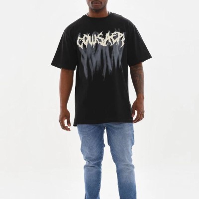 Erkek Baskılı T-Shirt Kısa Kol Bisiklet Yaka Rahat Kalıp Tişört - Siyah