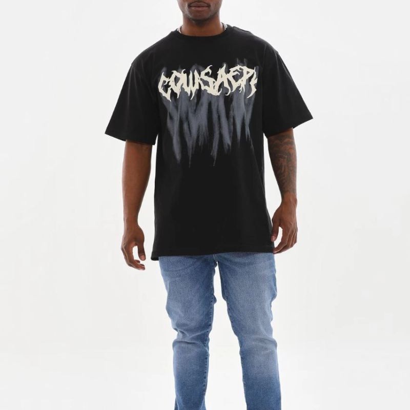 Erkek Baskılı T-Shirt Kısa Kol Bisiklet Yaka Rahat Kalıp Tişört - Siyah