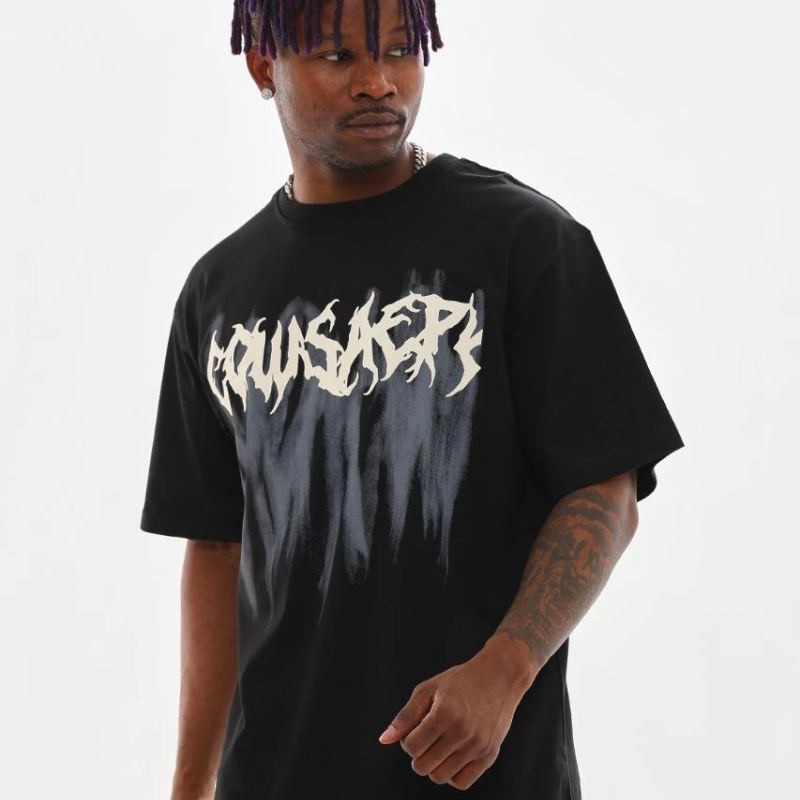 Erkek Baskılı T-Shirt Kısa Kol Bisiklet Yaka Rahat Kalıp Tişört - Siyah