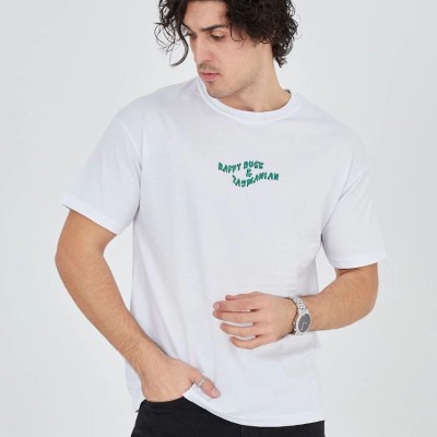 Erkek Baskılı T-Shirt Kısa Kol Bisiklet Yaka Regular Fit Rahat Kalıp Günlük Tişört - Beyaz