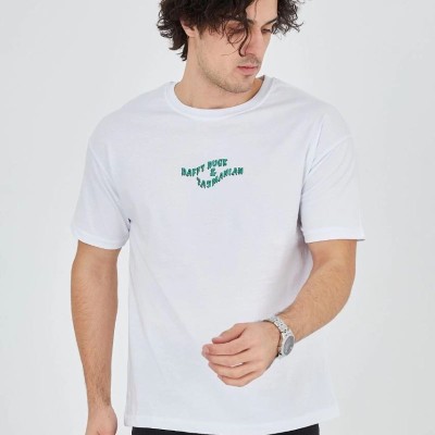 Erkek Baskılı T-Shirt Kısa Kol Bisiklet Yaka Regular Fit Rahat Kalıp Günlük Tişört - Beyaz