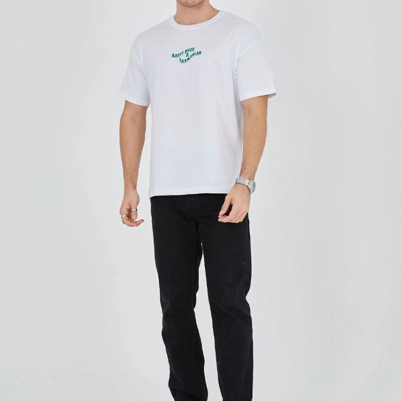 Erkek Baskılı T-Shirt Kısa Kol Bisiklet Yaka Regular Fit Rahat Kalıp Günlük Tişört - Beyaz