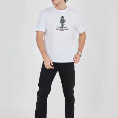 Erkek Baskılı T-Shirt Kısa Kol Bisiklet Yaka Regular Fit Rahat Kalıp Günlük Tişört - Beyaz