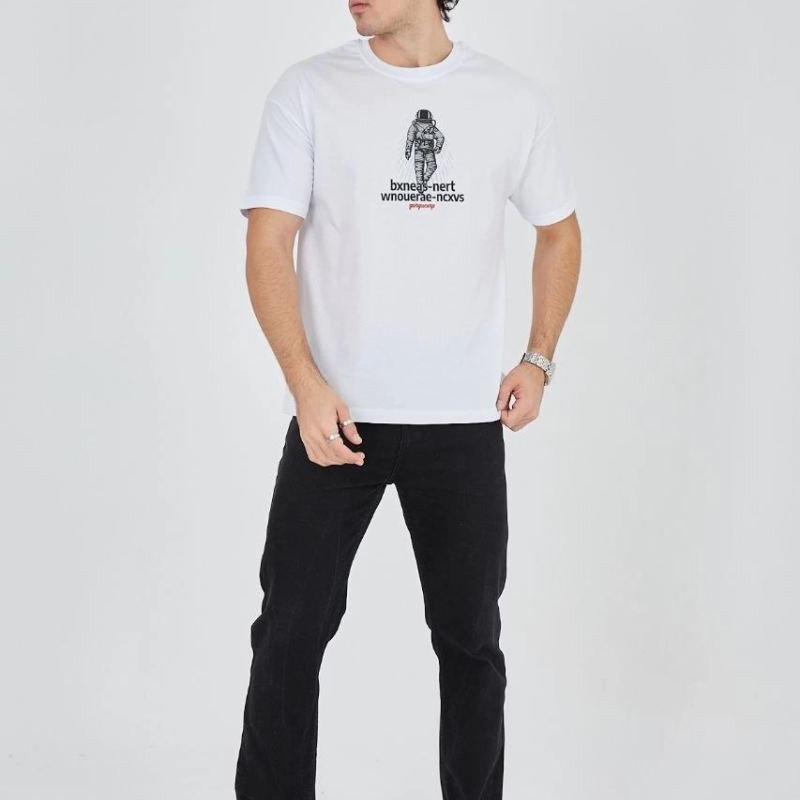 Erkek Baskılı T-Shirt Kısa Kol Bisiklet Yaka Regular Fit Rahat Kalıp Günlük Tişört - Beyaz