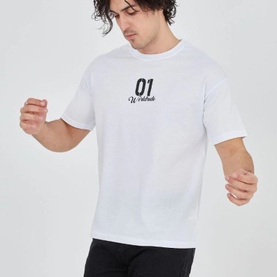 Erkek Baskılı T-Shirt Kısa Kol Bisiklet Yaka Regular Fit Rahat Kalıp Günlük Tişört - Beyaz