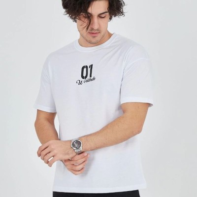 Erkek Baskılı T-Shirt Kısa Kol Bisiklet Yaka Regular Fit Rahat Kalıp Günlük Tişört - Beyaz