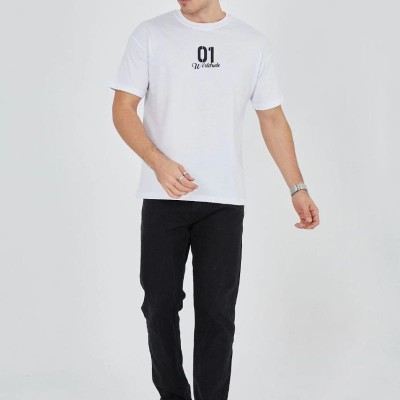 Erkek Baskılı T-Shirt Kısa Kol Bisiklet Yaka Regular Fit Rahat Kalıp Günlük Tişört - Beyaz