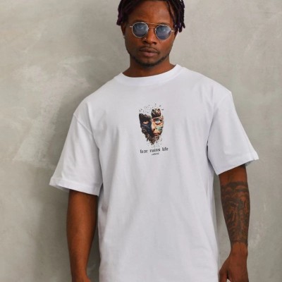 Erkek Baskılı T-Shirt Kısa Kol Bisiklet Yaka Regular Fit Rahat Kalıp Günlük Tişört - Beyaz