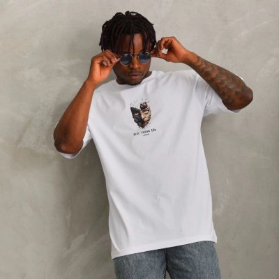 Erkek Baskılı T-Shirt Kısa Kol Bisiklet Yaka Regular Fit Rahat Kalıp Günlük Tişört - Beyaz
