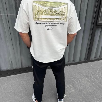 Erkek Baskılı T-Shirt Kısa Kol Bisiklet Yaka Regular Fit Rahat Kalıp Günlük Tişört - Beyaz
