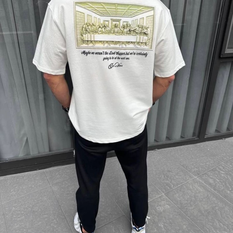 Erkek Baskılı T-Shirt Kısa Kol Bisiklet Yaka Regular Fit Rahat Kalıp Günlük Tişört - Beyaz
