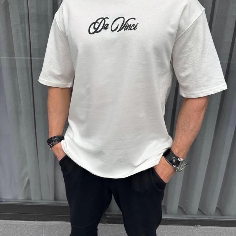 Erkek Baskılı T-Shirt Kısa Kol Bisiklet Yaka Regular Fit Rahat Kalıp Günlük Tişört - Beyaz