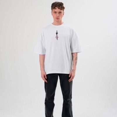 Erkek Baskılı T-Shirt Kısa Kol Bisiklet Yaka Regular Fit Rahat Kalıp Günlük Tişört - Beyaz