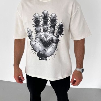 Erkek Baskılı T-Shirt Kısa Kol Bisiklet Yaka Regular Fit Rahat Kalıp Günlük Tişört - Beyaz