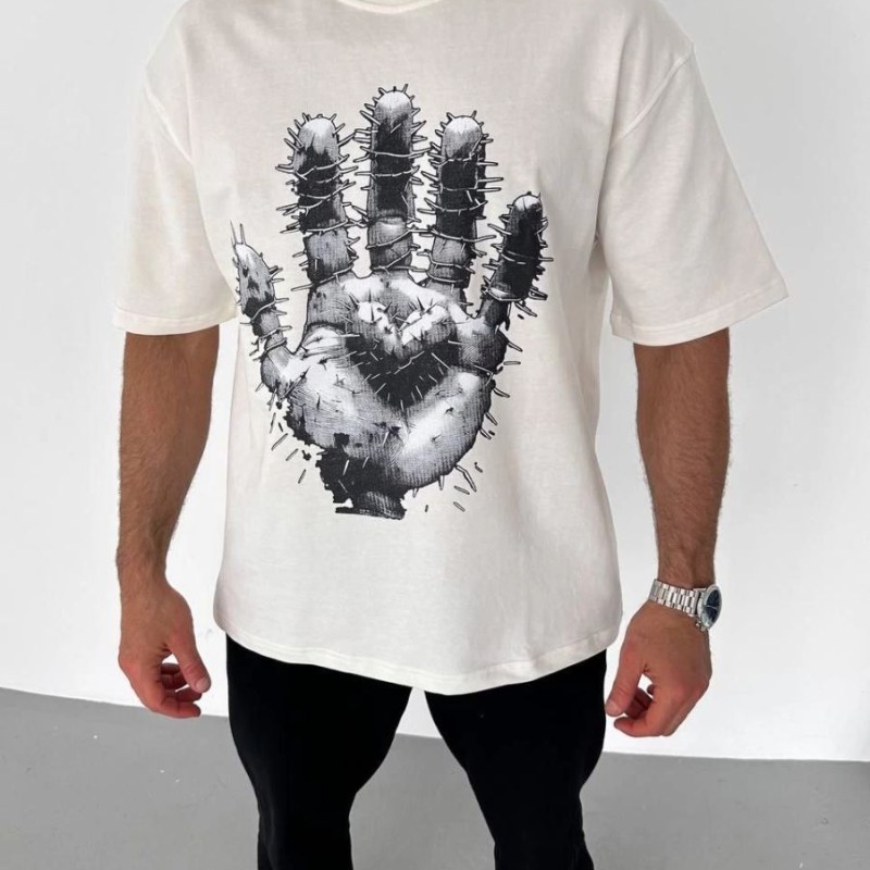 Erkek Baskılı T-Shirt Kısa Kol Bisiklet Yaka Regular Fit Rahat Kalıp Günlük Tişört - Beyaz