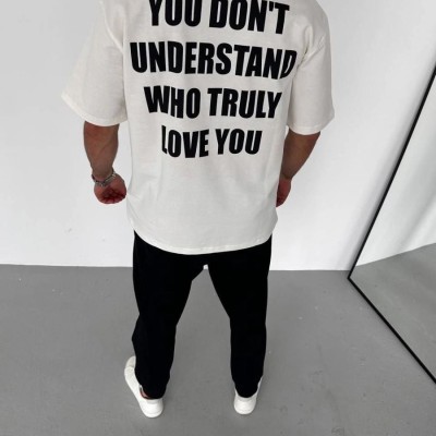 Erkek Baskılı T-Shirt Kısa Kol Bisiklet Yaka Regular Fit Rahat Kalıp Günlük Tişört - Beyaz