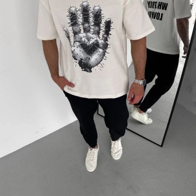 Erkek Baskılı T-Shirt Kısa Kol Bisiklet Yaka Regular Fit Rahat Kalıp Günlük Tişört - Beyaz