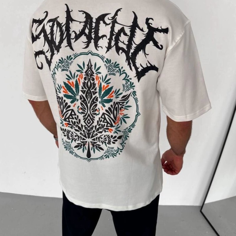 Erkek Baskılı T-Shirt Kısa Kol Bisiklet Yaka Regular Fit Rahat Kalıp Günlük Tişört - Beyaz