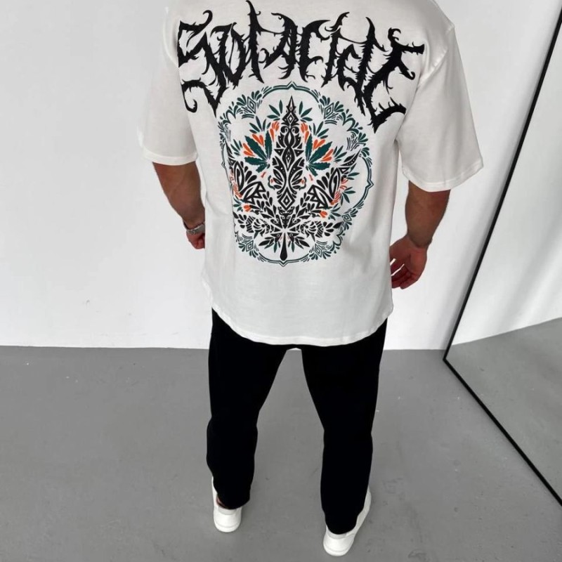 Erkek Baskılı T-Shirt Kısa Kol Bisiklet Yaka Regular Fit Rahat Kalıp Günlük Tişört - Beyaz
