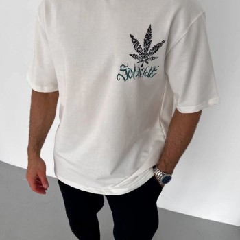 Erkek Baskılı T-Shirt Kısa Kol Bisiklet Yaka Regular Fit Rahat Kalıp Günlük Tişört - Beyaz