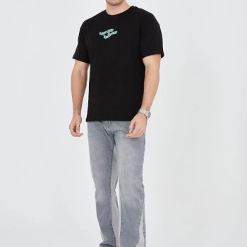 Erkek Baskılı T-Shirt Kısa Kol Bisiklet Yaka Regular Fit Rahat Kalıp Günlük Tişört - Siyah