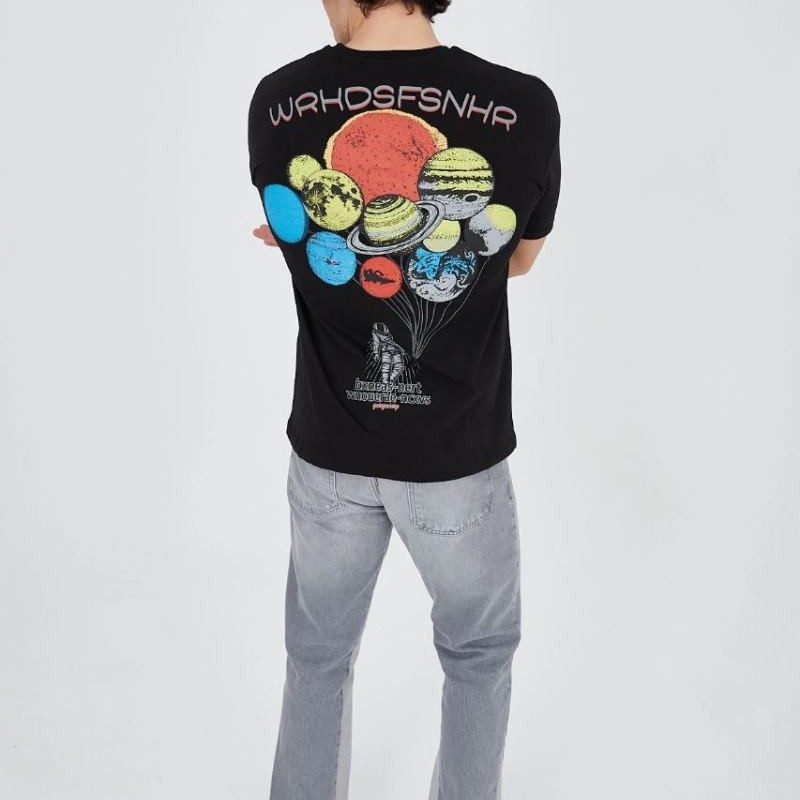 Erkek Baskılı T-Shirt Kısa Kol Bisiklet Yaka Regular Fit Rahat Kalıp Günlük Tişört - Siyah