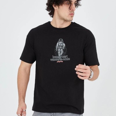 Erkek Baskılı T-Shirt Kısa Kol Bisiklet Yaka Regular Fit Rahat Kalıp Günlük Tişört - Siyah