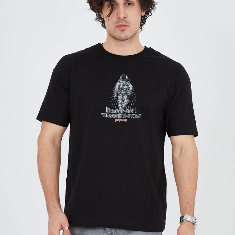 Erkek Baskılı T-Shirt Kısa Kol Bisiklet Yaka Regular Fit Rahat Kalıp Günlük Tişört - Siyah