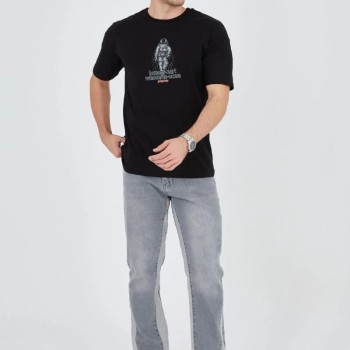 Erkek Baskılı T-Shirt Kısa Kol Bisiklet Yaka Regular Fit Rahat Kalıp Günlük Tişört - Siyah