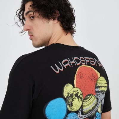 Erkek Baskılı T-Shirt Kısa Kol Bisiklet Yaka Regular Fit Rahat Kalıp Günlük Tişört - Siyah