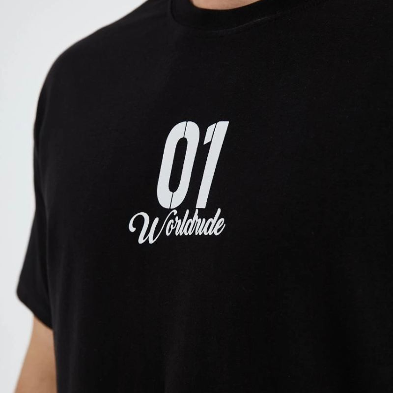 Erkek Baskılı T-Shirt Kısa Kol Bisiklet Yaka Regular Fit Rahat Kalıp Günlük Tişört - Siyah