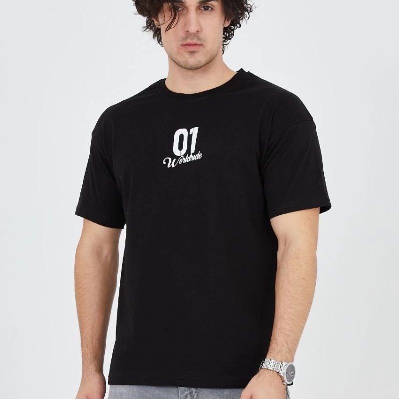 Erkek Baskılı T-Shirt Kısa Kol Bisiklet Yaka Regular Fit Rahat Kalıp Günlük Tişört - Siyah