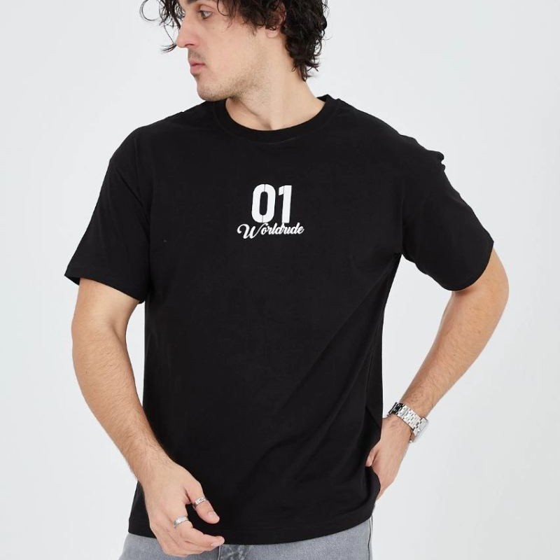 Erkek Baskılı T-Shirt Kısa Kol Bisiklet Yaka Regular Fit Rahat Kalıp Günlük Tişört - Siyah