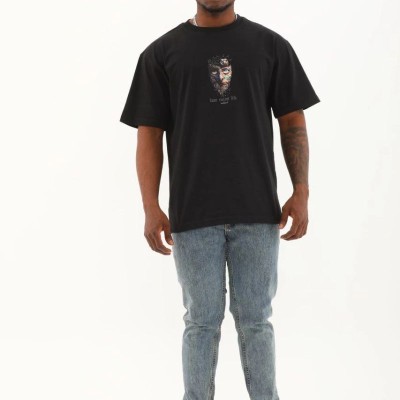 Erkek Baskılı T-Shirt Kısa Kol Bisiklet Yaka Regular Fit Rahat Kalıp Günlük Tişört - Siyah