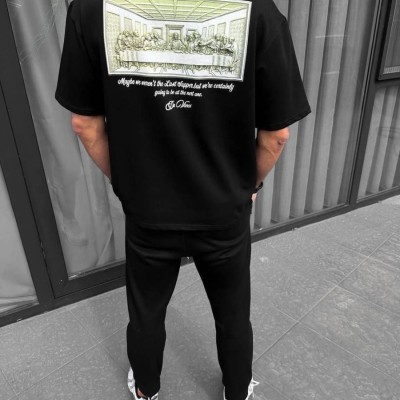 Erkek Baskılı T-Shirt Kısa Kol Bisiklet Yaka Regular Fit Rahat Kalıp Günlük Tişört - Siyah