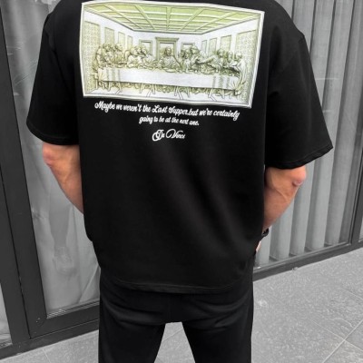 Erkek Baskılı T-Shirt Kısa Kol Bisiklet Yaka Regular Fit Rahat Kalıp Günlük Tişört - Siyah