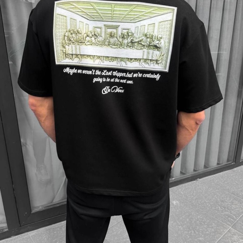 Erkek Baskılı T-Shirt Kısa Kol Bisiklet Yaka Regular Fit Rahat Kalıp Günlük Tişört - Siyah