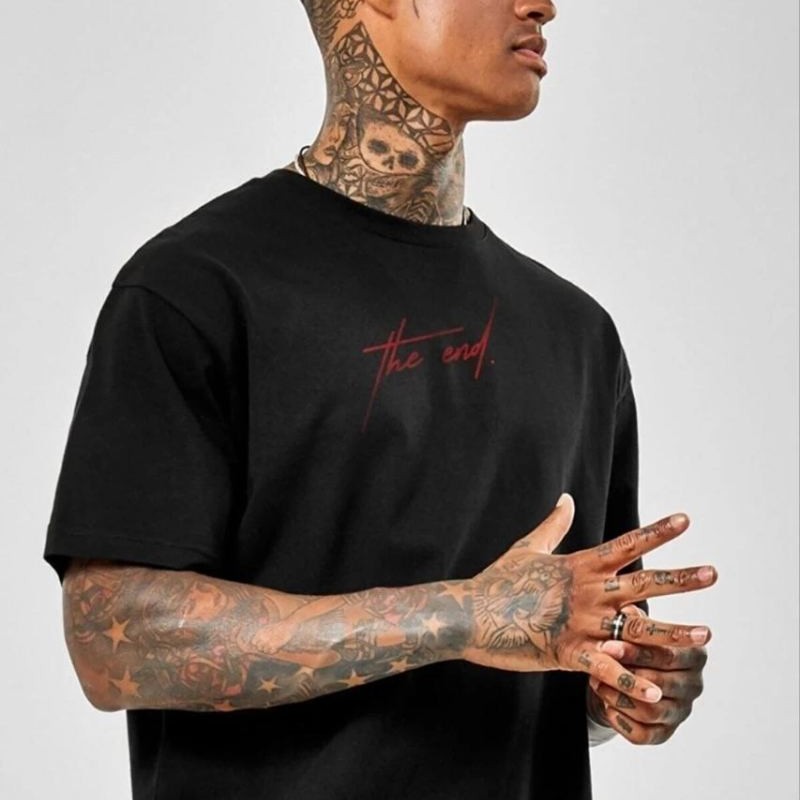 Erkek Baskılı T-Shirt Kısa Kol Bisiklet Yaka Regular Fit Rahat Kalıp Günlük Tişört - Siyah
